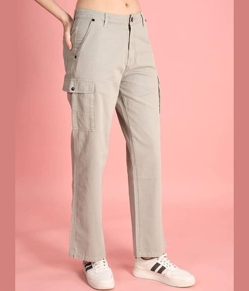 IVOC Women Classic Straight Fit High-Rise Cotton Cargos Trousers