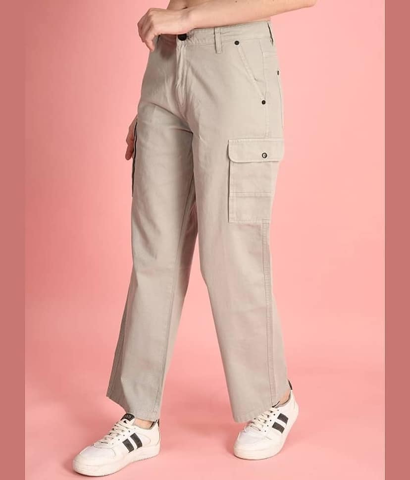 IVOC Women Classic Straight Fit High-Rise Cotton Cargos Trousers view 3