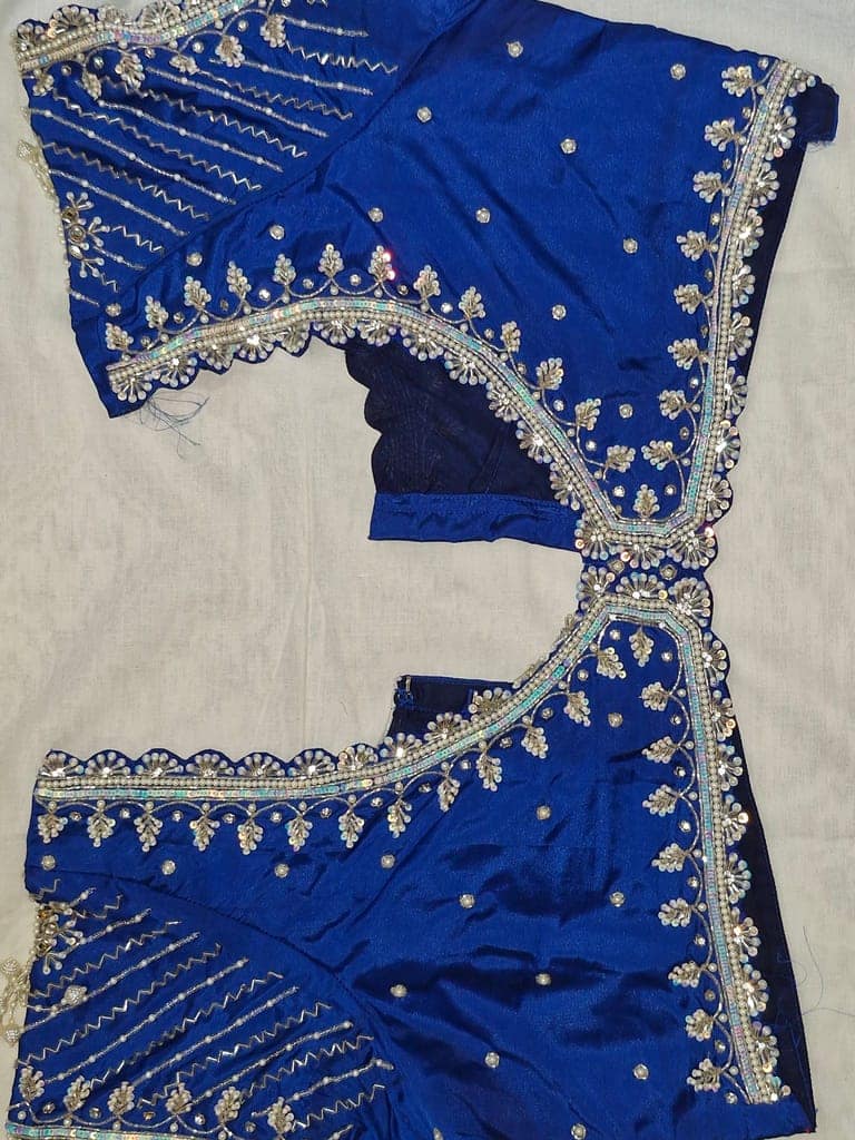Blue Embroidered Blouse with Silver Thread and Pearls view 2