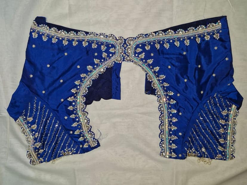 Blue Embroidered Blouse with Silver Thread and Pearls view 3