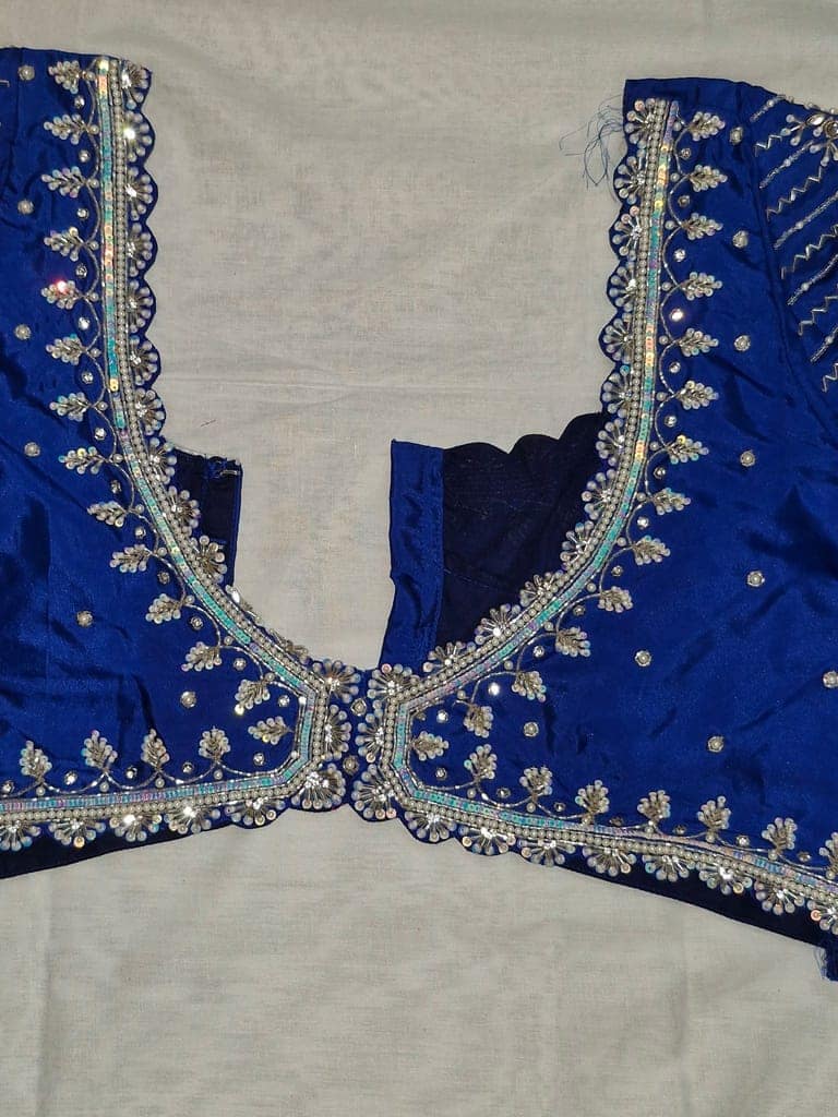 Blue Embroidered Blouse with Silver Thread and Pearls view 4