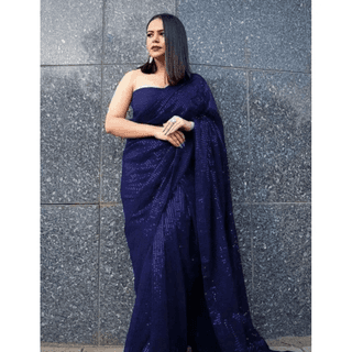Generic Women's Georgette Embellished Sequnece Bollywood Saree With Unstitched Blouse 5.5Mtr (Blue)