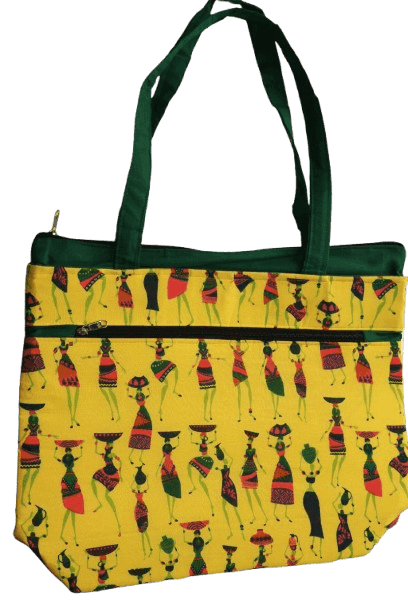 Handmade Insulated Fabric Tote Bag – Yellow African Art Print | Zippered Large Carry Bag for Women