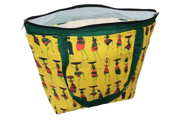 Handmade Insulated Fabric Tote Bag – Yellow African Art Print | Zippered Large Carry Bag for Women view 2