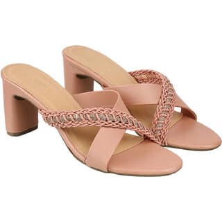 Lazera Rosegold Block Heel Sandals for Women Rhinestone Strap Open Toe Mules