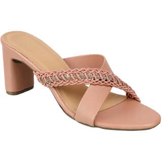 Lazera Rosegold Block Heel Sandals for Women Rhinestone Strap Open Toe Mules view 2