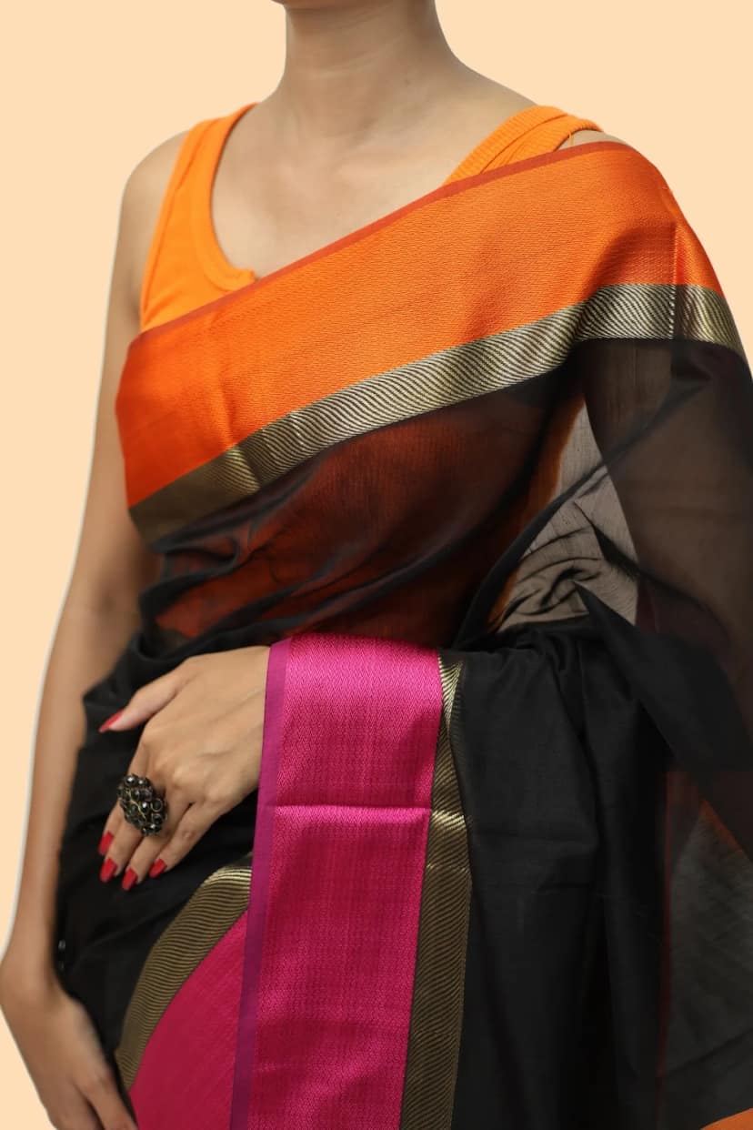 Black Striated Rich Border handloom Saree with Tassels view 2
