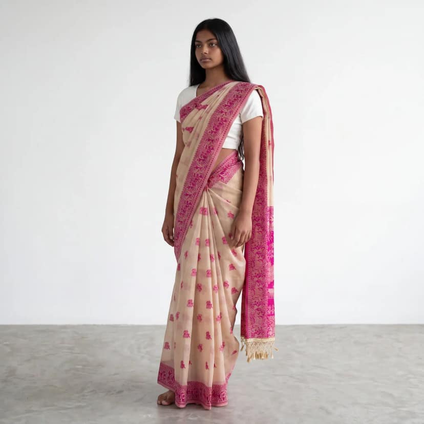 Sambalpuri Baandha Ikat Cotton Saree in Ivory and Pink with Blouse view 2