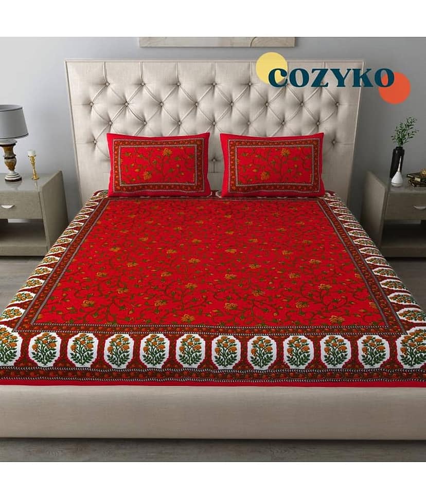 COZYKO Cotton 1 Double Bedsheet with 2 Pillow Covers ( Red ) view 2