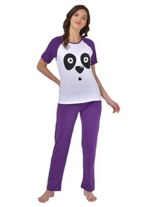 Klamotten Women's White Purple Raglan Sleeves Top Pyjama Set GM04P