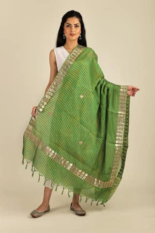 Jolly-Green Leheria Kota Doria Extra-Wide Dupatta from Jodhpur with Gota Border