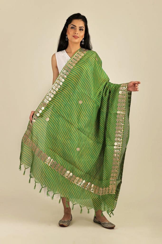 Jolly-Green Leheria Kota Doria Extra-Wide Dupatta from Jodhpur with Gota Border view 2