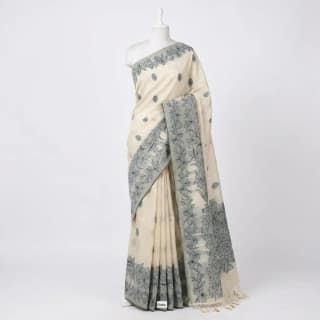 Sambalpuri Floral Print Grey Odisha Tussar Cotton Saree