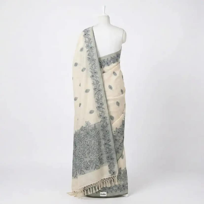 Sambalpuri Floral Print Grey Odisha Tussar Cotton Saree view 2