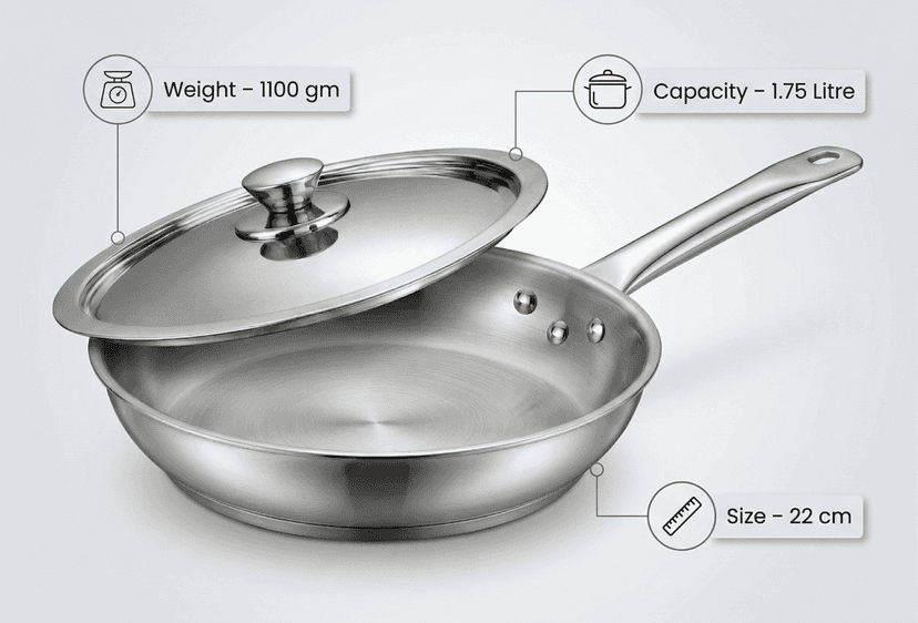 Premium Tri-Ply Stainless Steel Fry Pan with Lid - Induction Compatible Skillet, Riveted Handle, Sauté Pan for Even Heat Distribution view 2