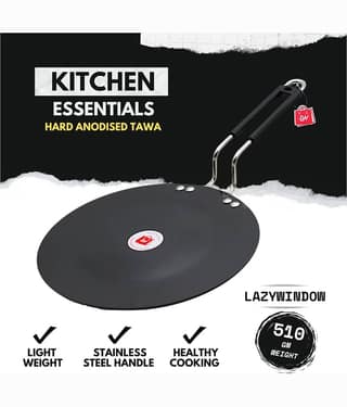 LAZYWINDOW Non Coated Hard Anodised Dosa Tawa/Flat Tawa Induction Bottom Stainless Steel Handle 3 mm Thickness 25 cm Diameter