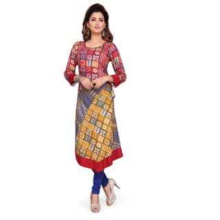 Women's Red And Yellow Print Side Checks Rayon Kurti