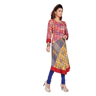 Women's Red And Yellow Print Side Checks Rayon Kurti view 2