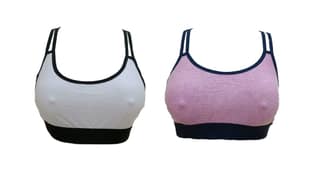 FooFaa Cotton Cross Back Non-Padded Non-Wired Gym Yoga Exercise Sports Bra (Pink-White) - Fits 30" to 34" Bust