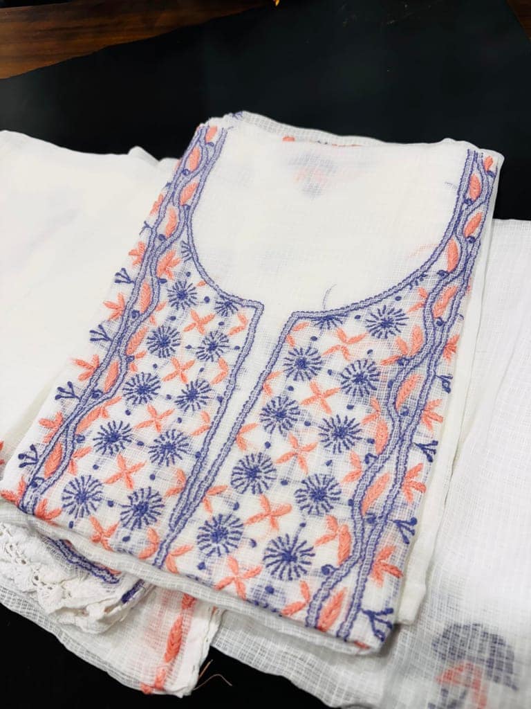 Tulip Handcrafted Kota Doria Unstitched Suit Fabric with Embroidery � White Base with Blue & Orange Floral Work view 2