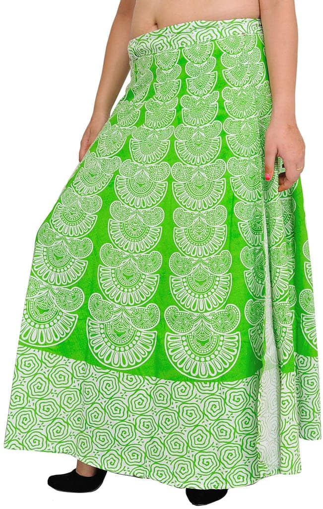 Classic-Green Wrap-Around Long Skirt with Block-Print in Pastel Colors view 2