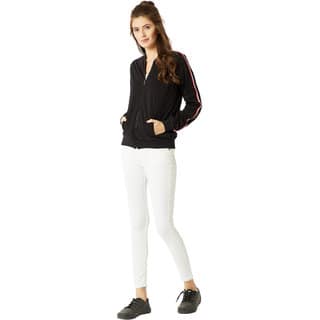 Miss Chase Women's Black Round Neck Full Sleeve Cotton Solid Zippered Twill Tape Detailing Bomber Jacket view 2