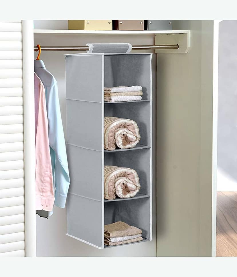 Non Woven Foldable Hanging 4 Shelves Wardrobe/Closet Cloth storage Organizer (Grey)-Pack of 2 view 2