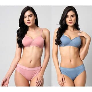 DoctorLingerie - Bra Panty Set - Solid Pink, Blue Lingerie Set (Pack Of 2) - B Cup Padded
