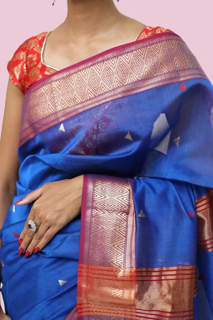 Classy Navy Blue Choka Borcade handloom Saree with Tassels view 2