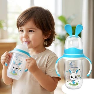 R for Rabbit Bunny Spout Sippy Cup 240 ML Bottle, Soft Silicon PP Spout Sipper for Kids Age of 1 + Year - Blue