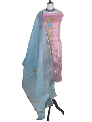 Kota Doria Dress Material Pastel Pink Gold Rose Vine