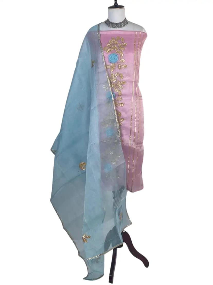 Kota Doria Dress Material Pastel Pink Gold Rose Vine