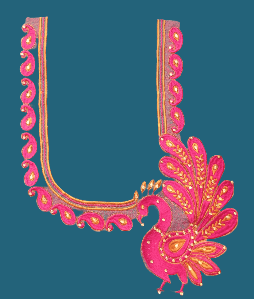 Pink Peacock Embroidery Blouse Neck Design