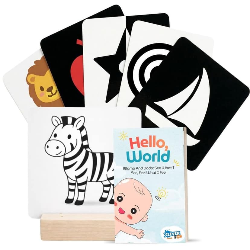 Clever Fox 3-Stage Baby Flash Cards with Wood Stand | 32 High Contrast B&W to Full Color Sensory Objects | 12-Page Parenting Guide & Manual | Montessori Tummy Time Newborn Toys | 0-18 Months