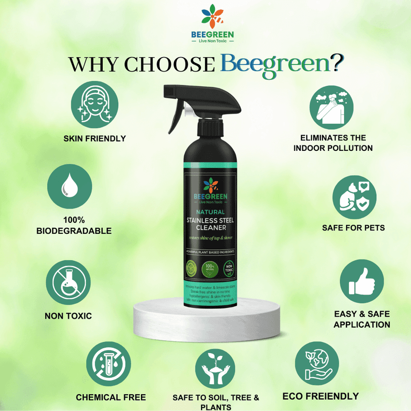 Beegreen Stainless Steel Cleaner - 500 ml| Removal of Lime Scale| 100% Natural & Plant based Ingredients | Non Toxic | Chemical Free | Alcohol & Sulphates Free | Family Safe view 2