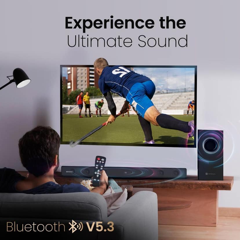 Portronics Pure Sound 107 | 200W Soundbar with Subwoofer for Deep Bass, 2.1 Channel Home Theatre, 3D Surround Sound, HD Sound, 3 EQ Modes, Bluetooth 5.3V, HDMI, AUX in, USB, Optical Port (Black) view 2