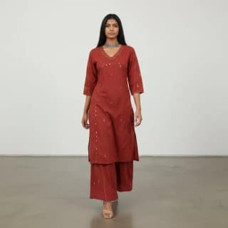 Handloom Cotton Co-Ord Set in Maroon with Mirror Work