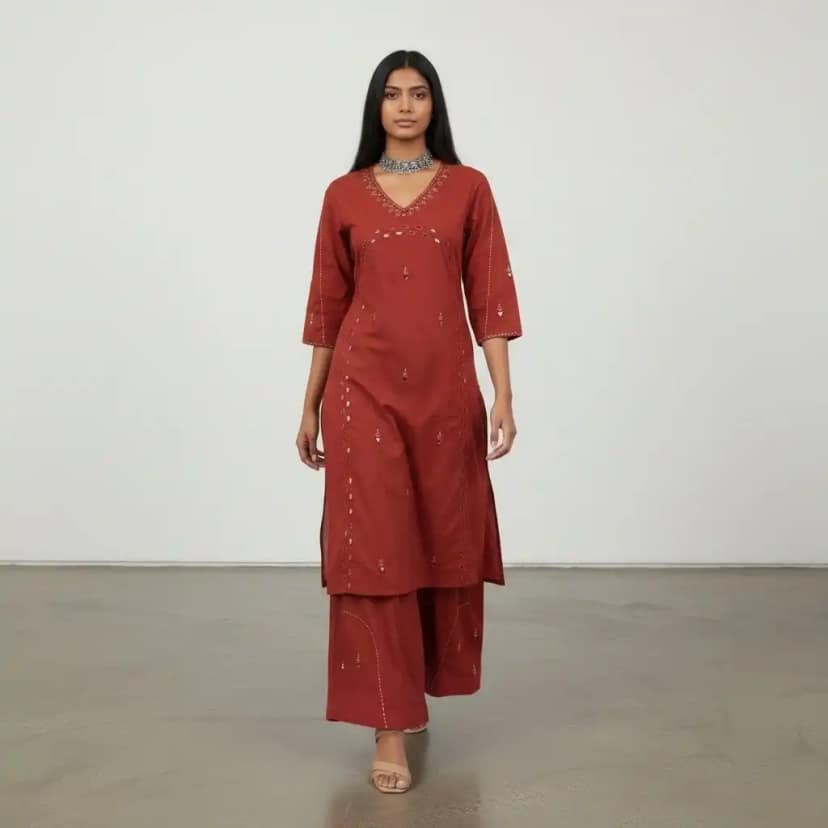 Handloom Cotton Co-Ord Set in Maroon with Mirror Work
