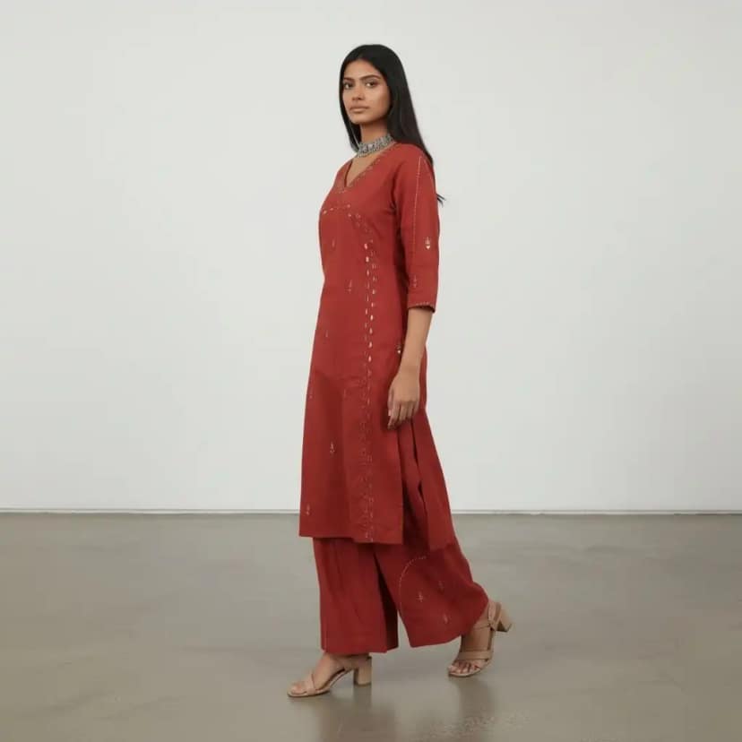 Handloom Cotton Co-Ord Set in Maroon with Mirror Work view 2