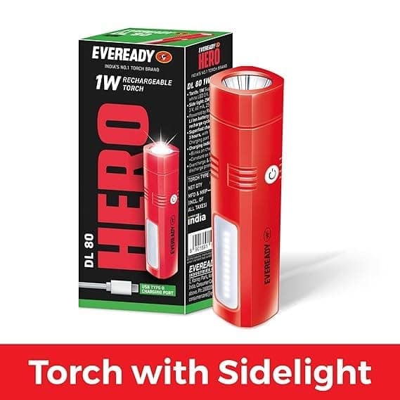 Eveready DL80 Flashlight | Micro USB Fast Charging in 3 Hours | 4 Lighting Modes | Sidelight | Charging Indicator | Ideal for Hiking, Camping, Power Outages, Vehicle Breakdowns_assorted colour view 2