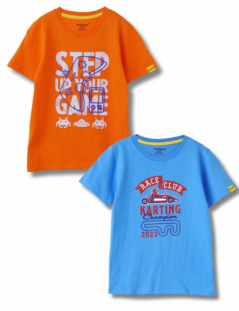 Boys T-Shirt All Aboard Blue / Scarlet Ibis Orange, Soft Cotton, Ages 7-14 (2pcs pack) view 2