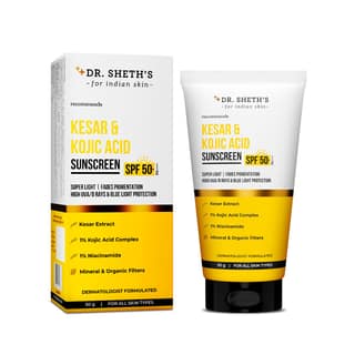 Dr. Sheth's Kesar & Kojic Acid Sunscreen SPF 50+ PA++++ | In-Vivo Tested | No White Cast | for Oily-acne prone skin | Reduces pigmentation gives even tone skin | 50 g Dr. Sheth's Kesar & Kojic Acid Sunscreen SPF 50+ PA++++ | In-Vivo Tested | No White Cas