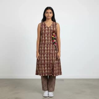 Maroon Floral Block-Print Cotton Co-Ord — Sleeveless Kurta & Pants