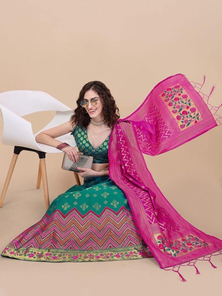 Teal Brocade Fabric Lehenga & Unstitched Blouse With Dupatta view 2