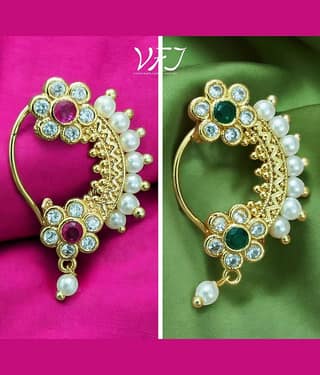 Vighnaharta Artificial stone and Pearls moti Nath Nathiya./ Nose Pin combo 2 nath for women and Girls[VFJ1300-NTH-PRESS-GREEN&RED]