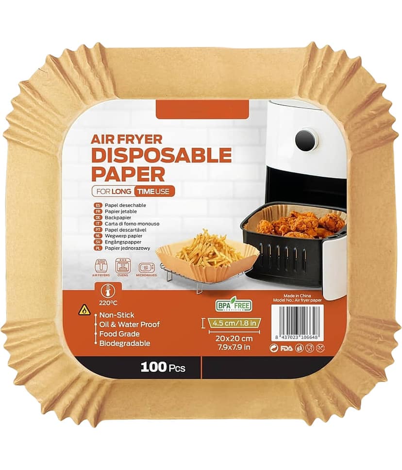 Radhe Creation 100 Pcs Air Fryer Paper Liners 8 Inch Square, Disposable Non-Stick Oil-Proof Parchment Paper Baking Liners for 5-8 QT Air Fryers, Food Grade Basket Liner for Oven, Microwave, Steamer Cooking