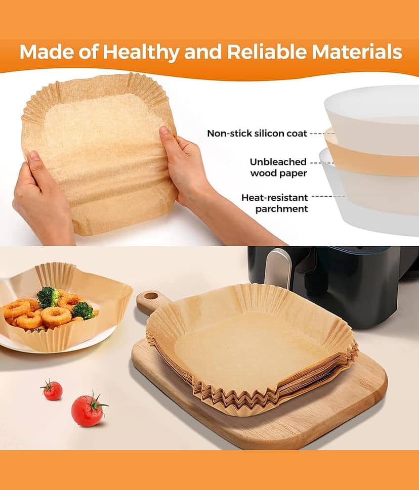 Radhe Creation 100 Pcs Air Fryer Paper Liners 8 Inch Square, Disposable Non-Stick Oil-Proof Parchment Paper Baking Liners for 5-8 QT Air Fryers, Food Grade Basket Liner for Oven, Microwave, Steamer Cooking view 2