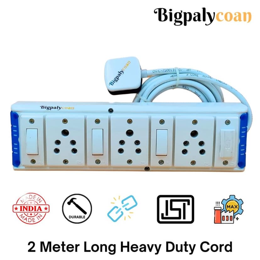 Bigpalycoan 3 Way Electric Multi Outlets Power Strip with Spike Guard Heavy Duty 2 metre Cord (Max. Rating 1200W- 230V) PVC Blue/Green-White view 2