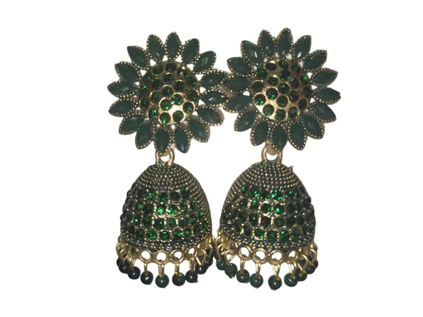 Gold Plated Green Stone Jhumka Earrings for Women