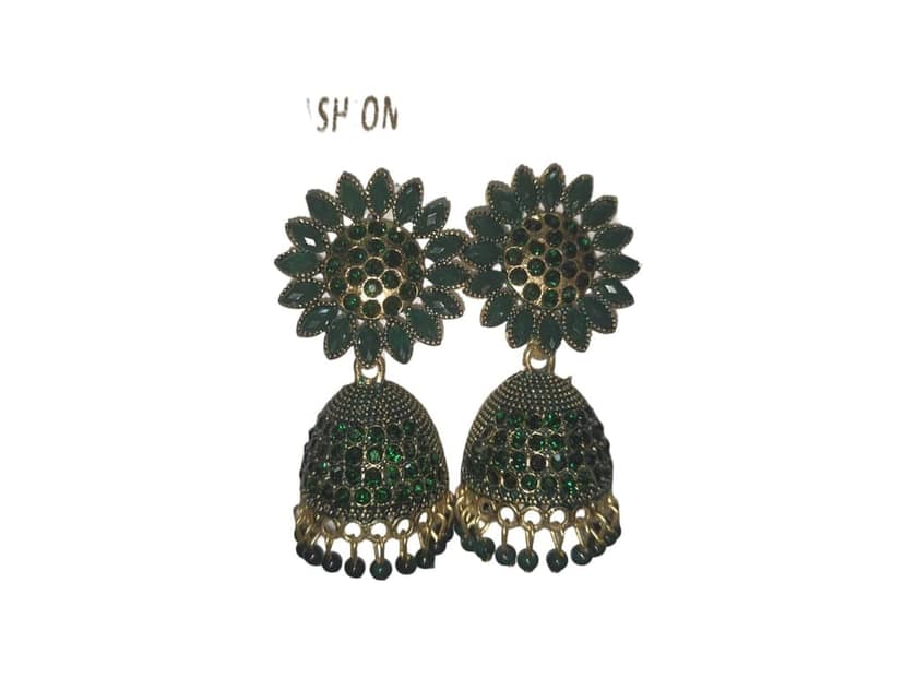 Gold Plated Green Stone Jhumka Earrings for Women view 2
